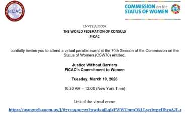 FICAC CSW70 Parallel Event Invitation: Justice Without Barriers – March 10th 2026 Virtual Event